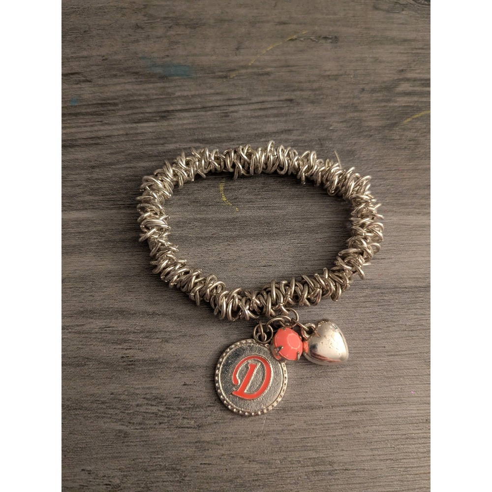 Silver Tone Coiled Stretch Bracelet Red Enamel Letter D Heart Coral Charms 6in